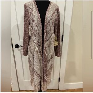 One World NEW Fringed Sweater Duster Kimono Cream Wine Womens 2X Bohemian